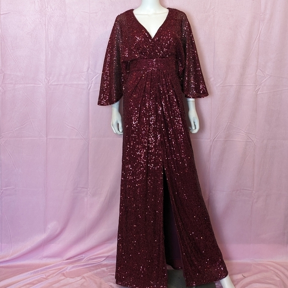 Nightway R&M Richards Dark Red Allover Sequins Kimono Sleeve Formal Evening Gown - Picture 1 of 12